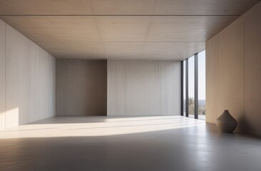 Sunlit architectural space. Minimalist interior with beige walls, concrete floor in an empty room