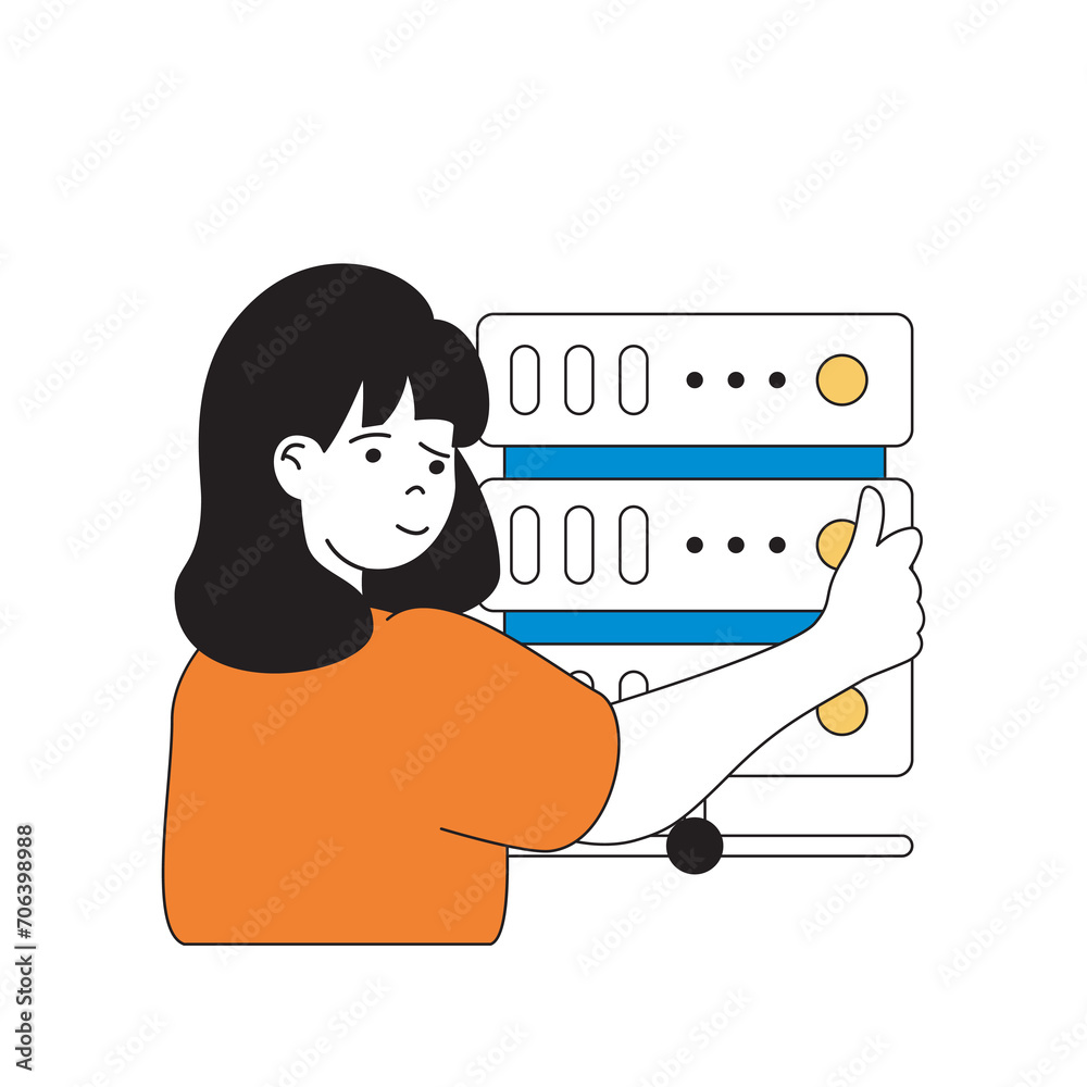 Leinwandbilder cloud computing concept with cartoon people in flat design for web. woman working as tech engineer a