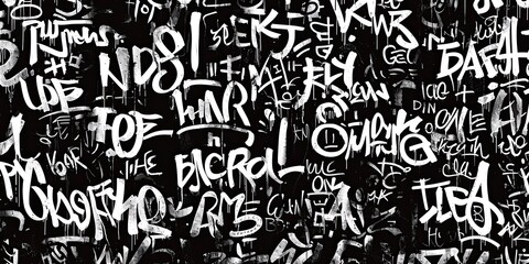 Generative AI, Black and white type fonts, brush pen letters as graffiti symbols on the wall, street art. Melted paint.

