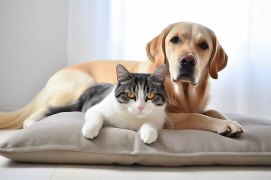 A cat and a dog are resting on a soft pet bed. Friendship between cat and dog, space for text. Generative AI