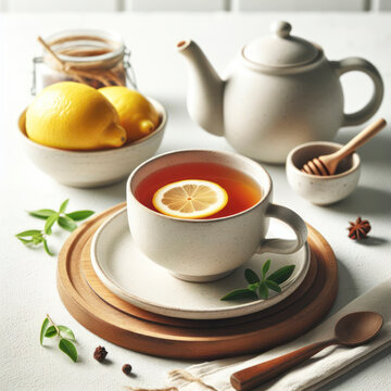 A cup of tea with lemon on white solid background. ai generative