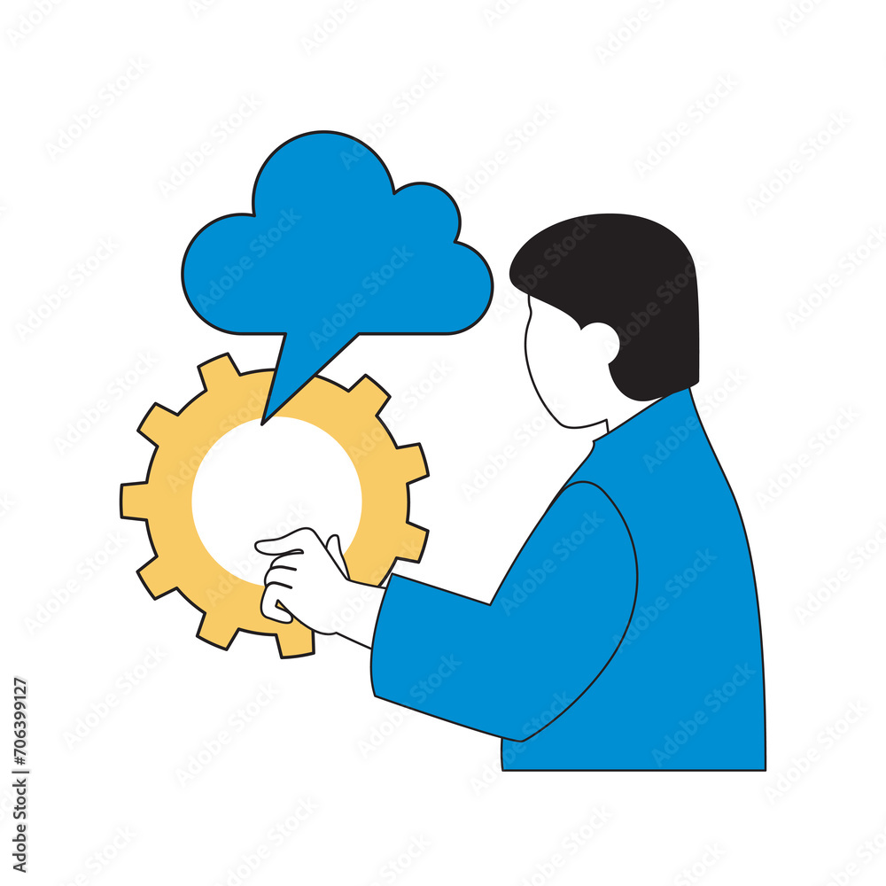 Fototapete Cloud computing concept with cartoon people in flat design for web. Man using cloud storage and settings process and backup access. Vector illustration for social media banner, marketing material.