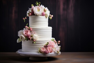 Obraz na płótnie Canvas Three-tiered white wedding cake decorated with flowers on wooden background