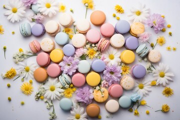 Colorful macarons dessert with flowers
