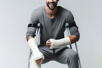 A man with a broken arm in a cast on crutches on solid white background. ai generative