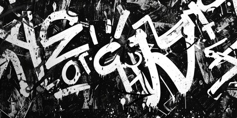 Fototapeta premium Generative AI, Black and white type fonts, brush pen letters as graffiti symbols on the wall, street art. Melted paint.