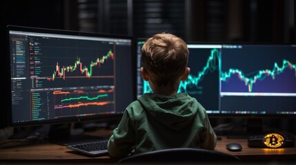 Photo from the back of a child monitoring the cryptocurrency market on a laptop in a dark room, stock, financial markets