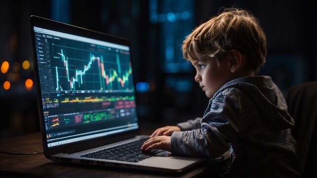 child monitoring the cryptocurrency market on a laptop in a dark room, stock, financial markets