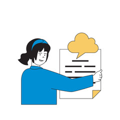 Cloud computing concept with cartoon people in flat design for web. Woman sharing document to client using cloud storage technology. Vector illustration for social media banner, marketing material.