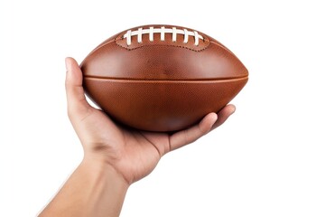 Leather american football ball in male hand on white background