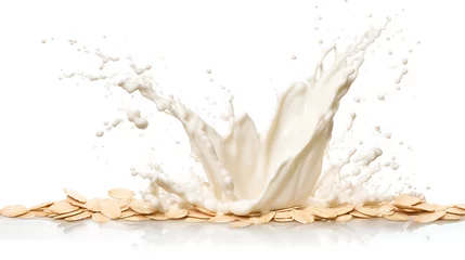 Keuken spatwand met foto Oat milk splash with almonds isolated on white background © growth.ai
