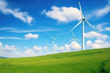 Wind generator in green field with blue sky