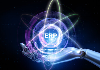 ERP Enterprise resource planning. Robot hand pressing virtual button 3d render.