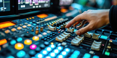 Close up shot of a person pressing buttons on a mixer. This image can be used to illustrate audio...