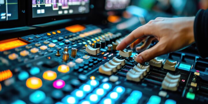 Close up shot of a person pressing buttons on a mixer. This image can be used to illustrate audio mixing, music production, sound engineering, or DJing
