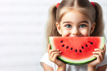 Cheerful kid with huge eyes and smile holding a slice of watermelon isolated on white background. ai generative - obrazy, fototapety, plakaty