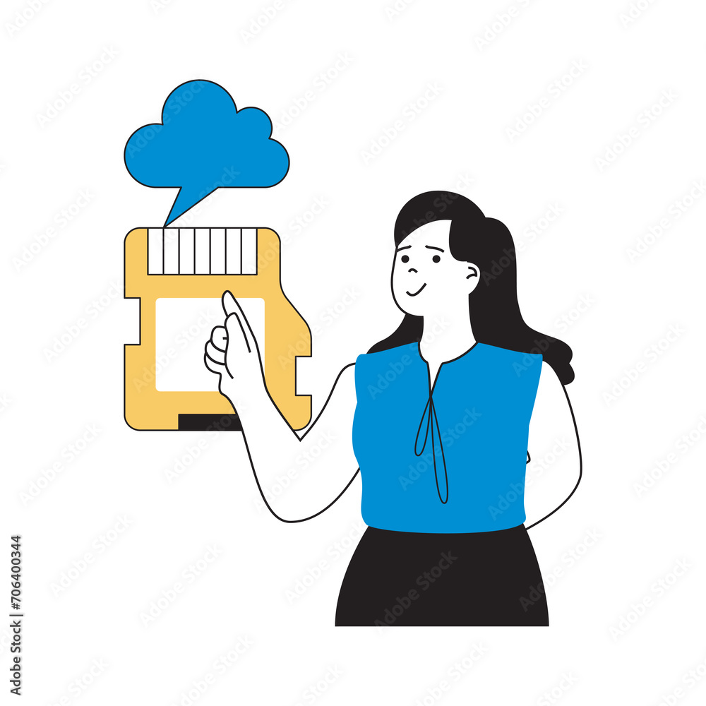 Aufkleber Cloud computing concept with cartoon people in flat design for web. Woman using cloud storage and uploading files from flash drive. Vector illustration for social media banner, marketing material.