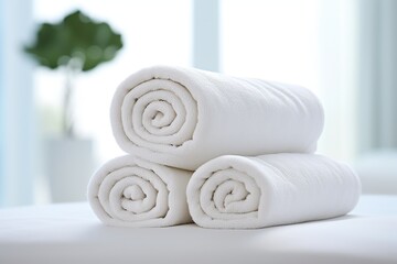 Obraz na płótnie Canvas White rolled towels on white bed