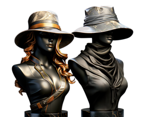 A black sculpture portraying a man and woman adorned in contemporary attire, with a clothing store mannequin ideal for display against a transparent background.