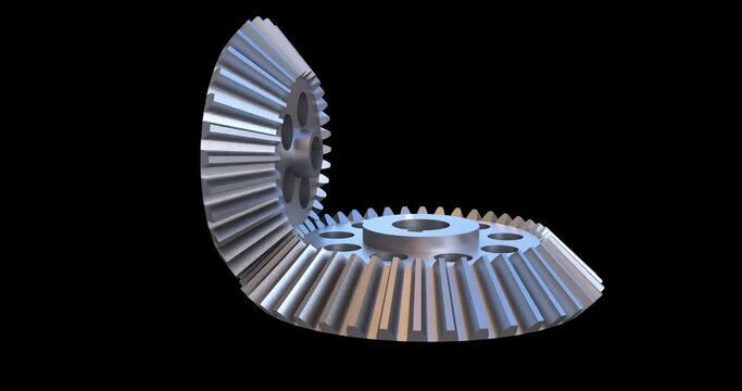 Machine gear assembly. Close-up video of straight bevel gear meshing in sync.