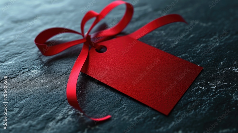 Poster A red gift tag tied to a red ribbon. Can be used for various gift-related concepts