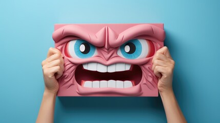 Expressive Mental Health Assessment with Angry Face Negative Thinking Evaluated on Blue Background for World Mental Health Day in Light Cyan and Pink Tones