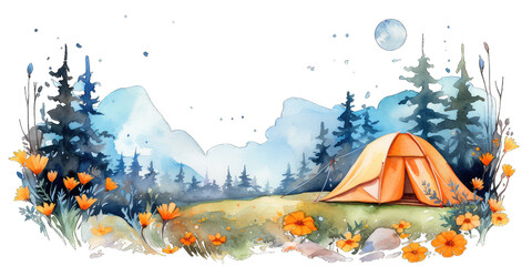 Camping in the mountains. Watercolor painting of a tent under the mountains full of flowers isolated on transparent background. Watercolor camping hand drawn