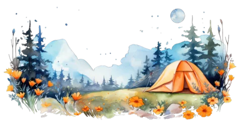 Foto op Canvas Camping in the mountains. Watercolor painting of a tent under the mountains full of flowers isolated on transparent background. Watercolor camping hand drawn © Neda Asyasi