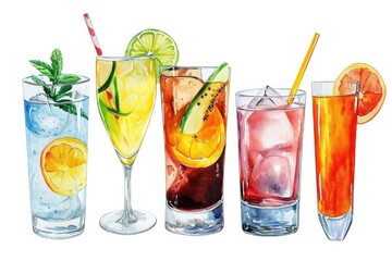 A vibrant painting showcasing a variety of delicious cocktails. Perfect for adding a touch of color and excitement to any space. Ideal for use in bars, restaurants, and home decor