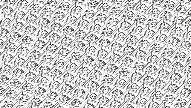 Most cartoon brains black and white in cubicles in a big never ending office . They are sleeping and breathing. Seamless loop. Metaphor of a passive futuristic society.