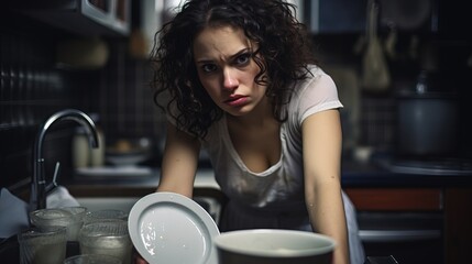 Fototapeta na wymiar Young woman with a sad face washes dishes