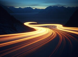 Nocturnal Journey: Captivating Light Trails on a Beautiful Night Road, Midnight Illumination: Enchanting Light Trails Adorning a Scenic Nighttime Road, Night Drive Magic: Mesmerizing Light Trails 