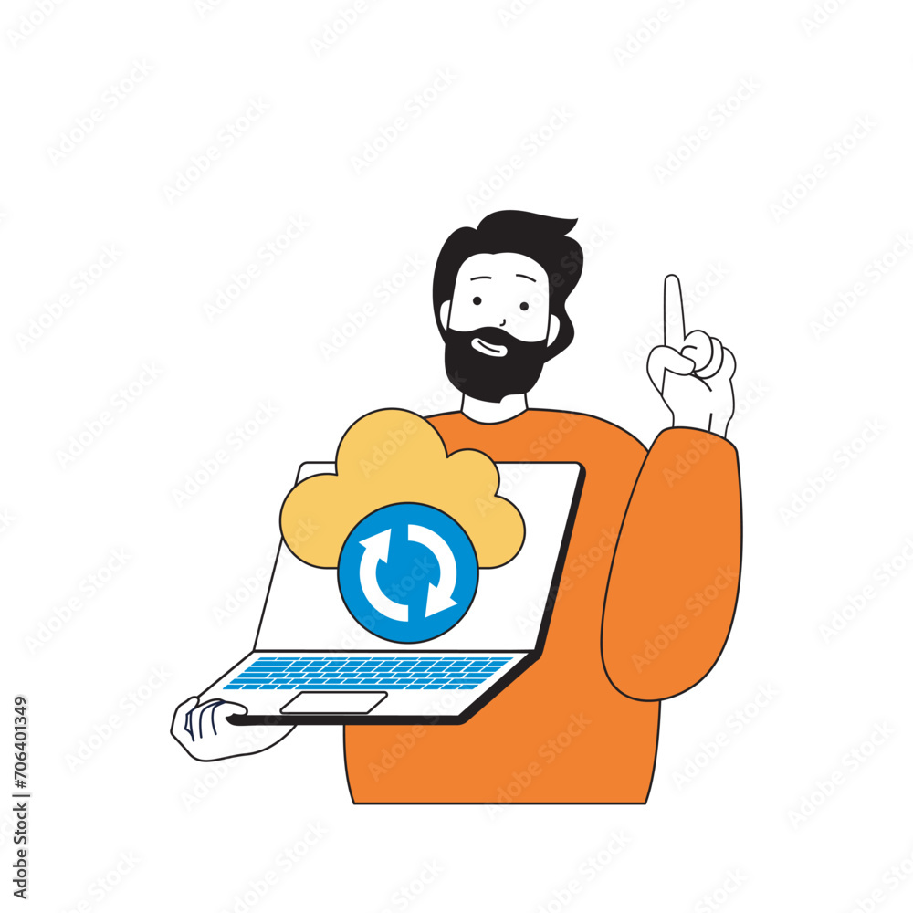 Aufkleber Cloud computing concept with cartoon people in flat design for web. Man making sync and files backup and processing data at laptop. Vector illustration for social media banner, marketing material.