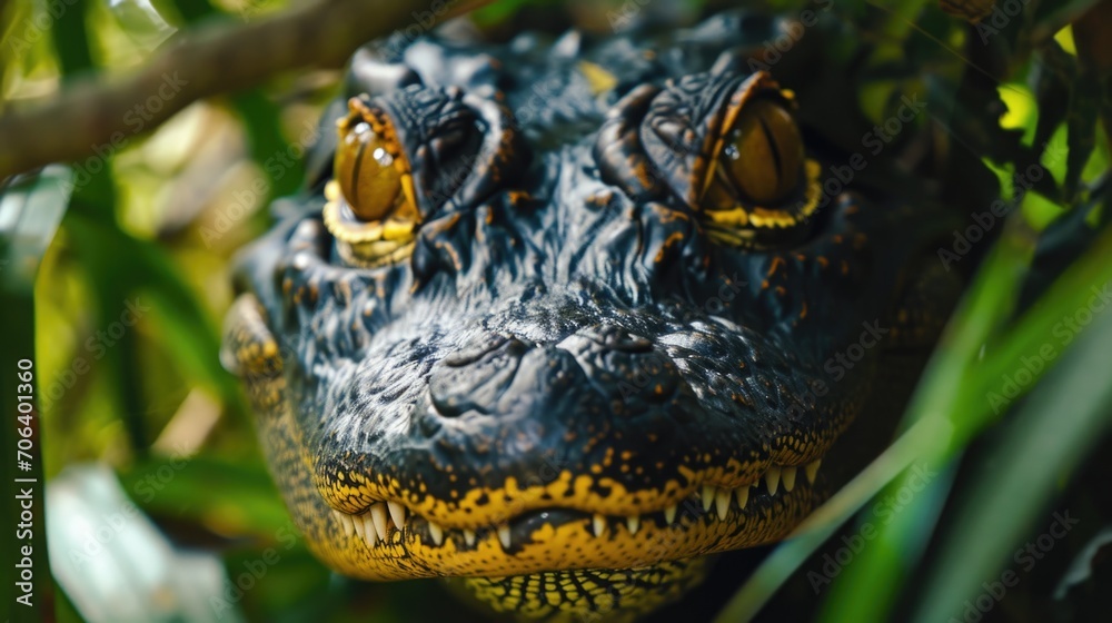 Poster Close-up shot of an alligator's head in a tree. Perfect for nature and wildlife enthusiasts.