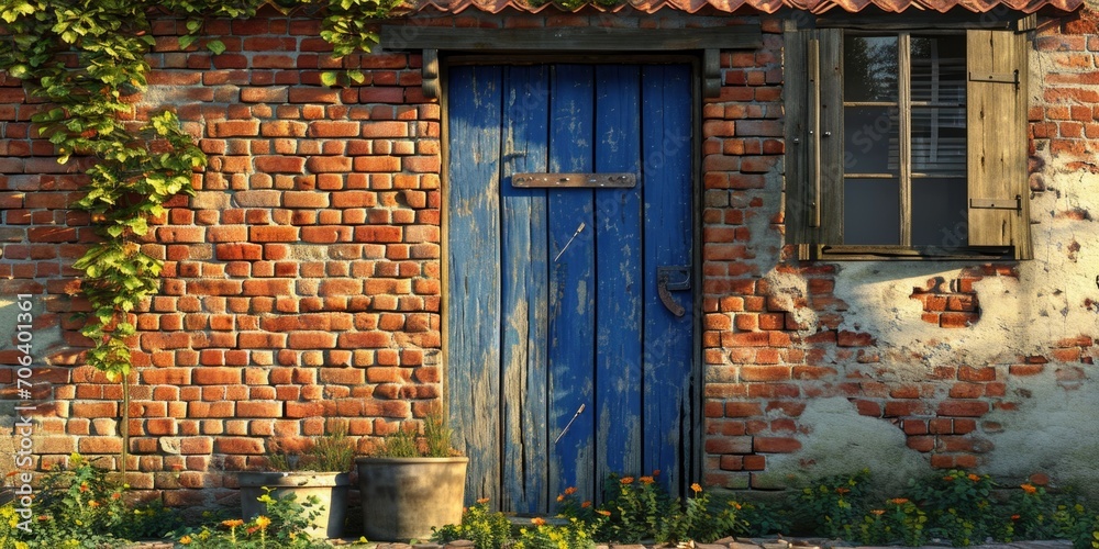 Poster A picture of a brick building with a blue door and window. This image can be used for architectural designs and real estate concepts