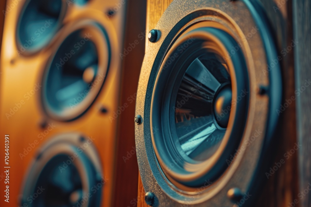 Poster a detailed view of a pair of speakers. perfect for music-related projects or advertisements