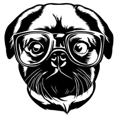 illustration of a dog, black and white dog, Pug vector, Cute Pug, Pug wearing glasses, Pet, Funny pug, Funny Dog