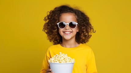 Obraz premium Young girl with popcorn standing over isolated background