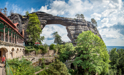 Pravcicka Gate, a natural rock bridge in the Elbe Mountains in the Czech Republic. Bohemian Switzerland national park - 706401333