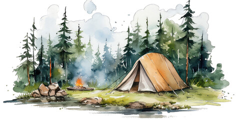 Camping in the forest. Watercolor painting of tent in mountain forest isolated on transparent background. Watercolor camping hand drawn