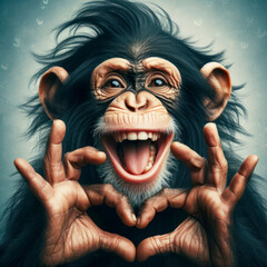Happy laughing funny monkey portrait making heart hands. Chimpanzee with Hands making Kiss to air. ai generative