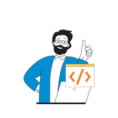 Cloud computing concept with cartoon people in flat design for web. Man working as programmer and using online processing data tech. Vector illustration for social media banner, marketing material.