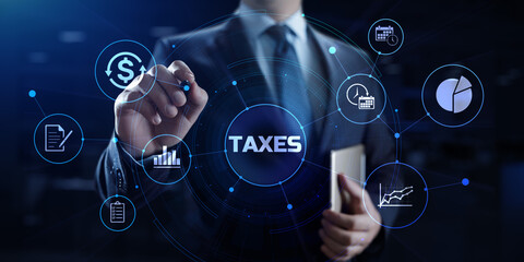 Tax payment. Businessman pressing button on screen.