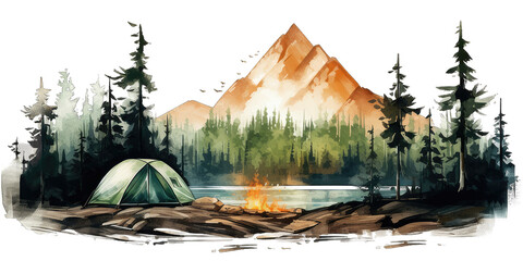 Camping in the forest. Watercolor painting of tent in mountain forest isolated on transparent background. Watercolor camping hand drawn
