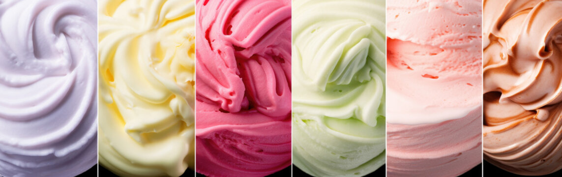 Various gelato Ice Creams,melted ice cream and sorbets . Flat lay style