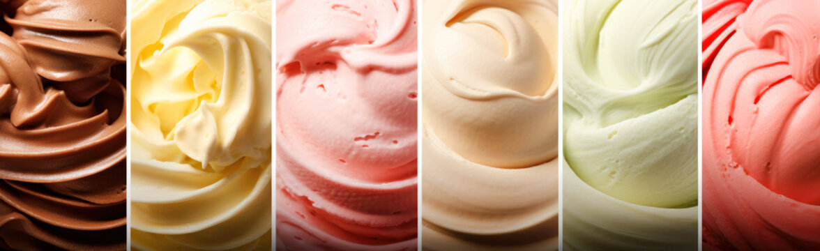 Various gelato Ice Creams,melted ice cream and sorbets . Flat lay style