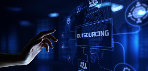 Outsourcing HR Global Recruitment Business finance concept. Hand pressing button on screen.