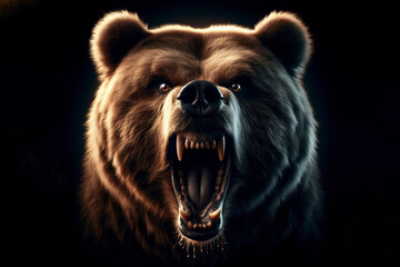 Angry bear with huge eyes and open mouth isolated on black background. ai generative