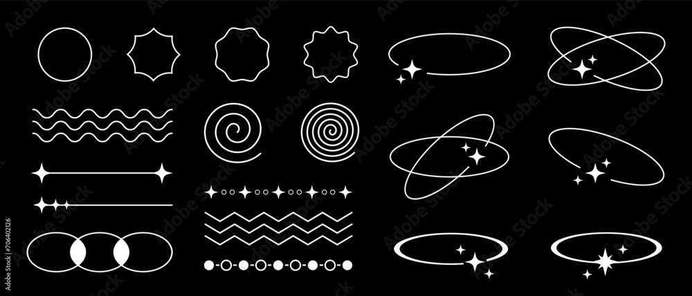Wall mural set of retro outline white thin empty frames, decorative design elements and dividers in y2k futuris