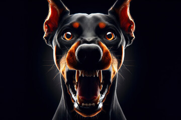 Angry doberman dog with huge eyes and open mouth isolated on black background. ai generative - obrazy, fototapety, plakaty